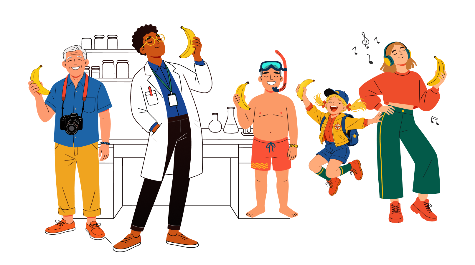 Ilustración de diferentes personas de distintas edades y profesiones disfrutando de un banano.